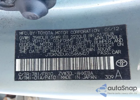 2012 Toyota Prius Two from USA, damaged, VIN JTDKN3DU6C5468427